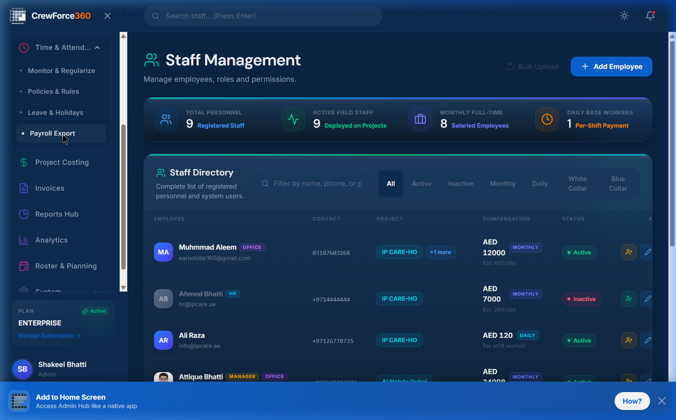 CrewForce360 payroll export screen with approved attendance records