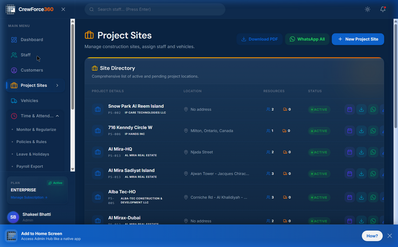 CrewForce360 project management screen for construction crew assignments