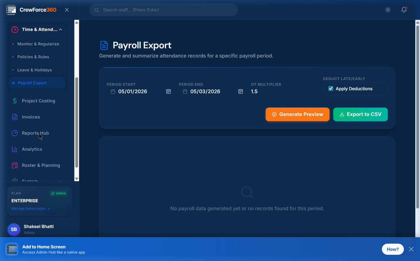 CrewForce360 reports hub for attendance approvals and payroll workflows