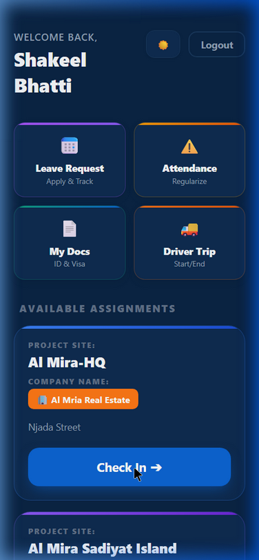 CrewForce360 mobile check-in screen with selfie and location verification