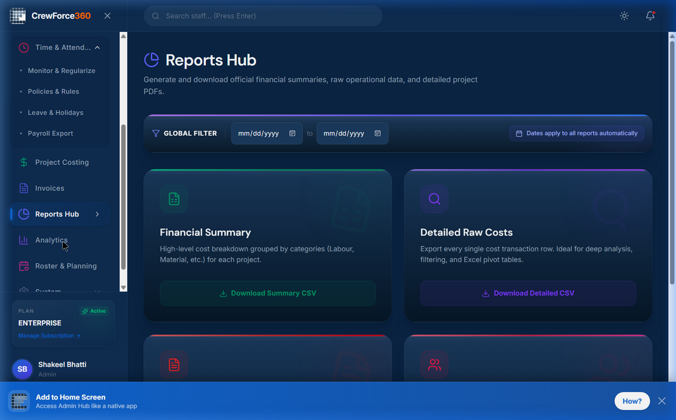 CrewForce360 staff management screen for manpower deployment teams